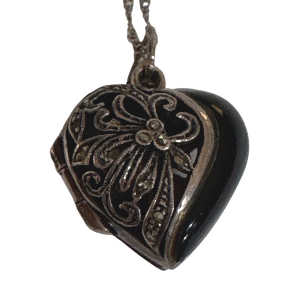 Sterling Silver Heart Locket Necklace Marcasite‎ Filigree Pendant 925 Romantic